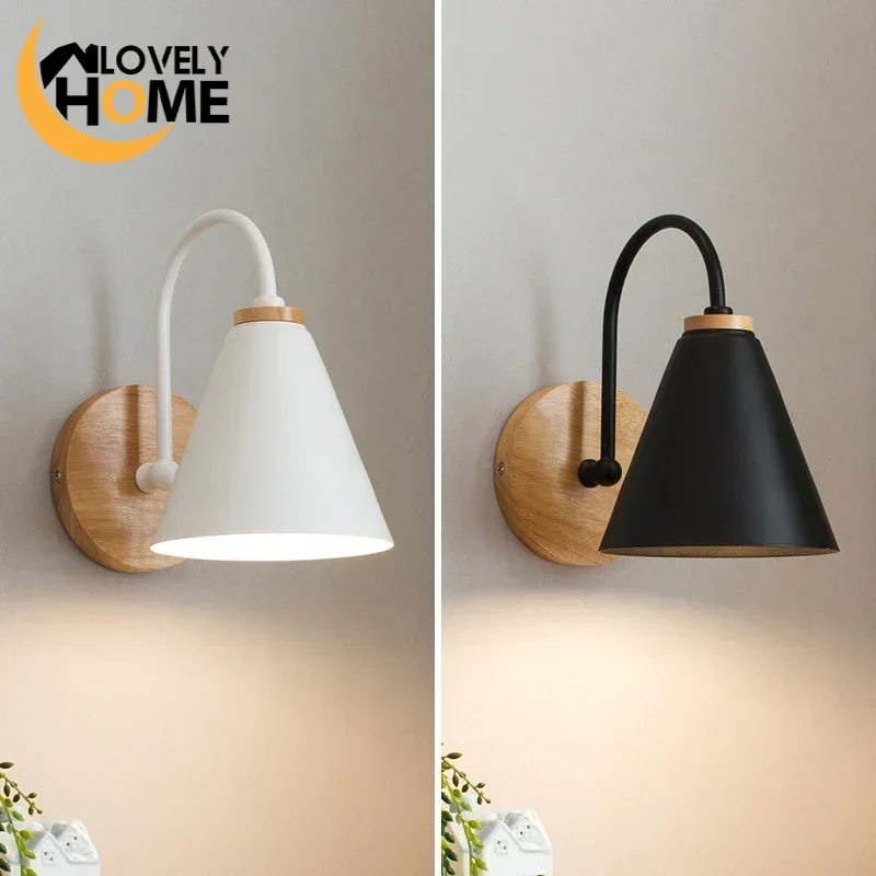 

Nordic Wooden Base Wall Lights Bedside Bedroom Decor Wall Light Sconce for Kitchen Restaurant Modern Black White E27 Wall Lamps