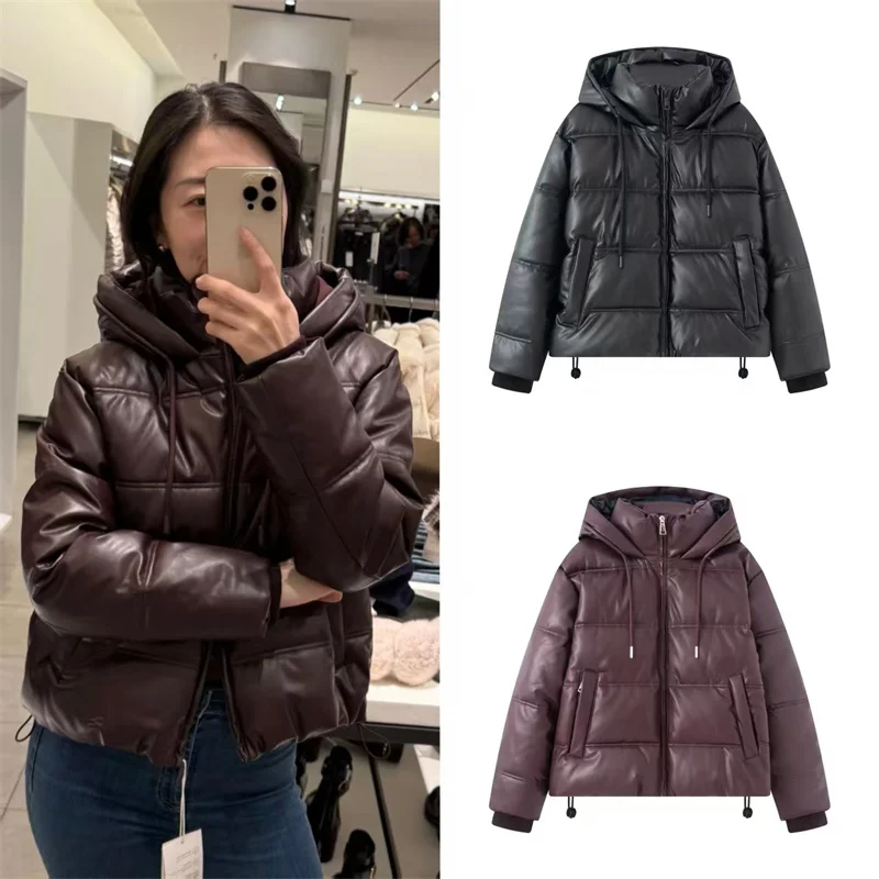 

Женское пальто 2025, зима, новый стиль, однотонная стеганая хлопковая куртка из искусственной кожи с длинными рукавами и капюшоном, стильная и модная