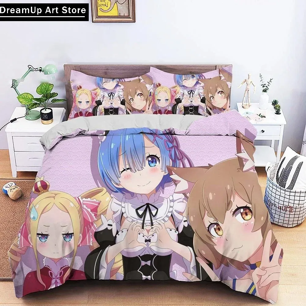 3D Printed Anime Re Zero Ram Rem Bedding Set Cute Quilt Cover Bed Cover With Pillowcase Twin Single Queen King Size Boys Adult