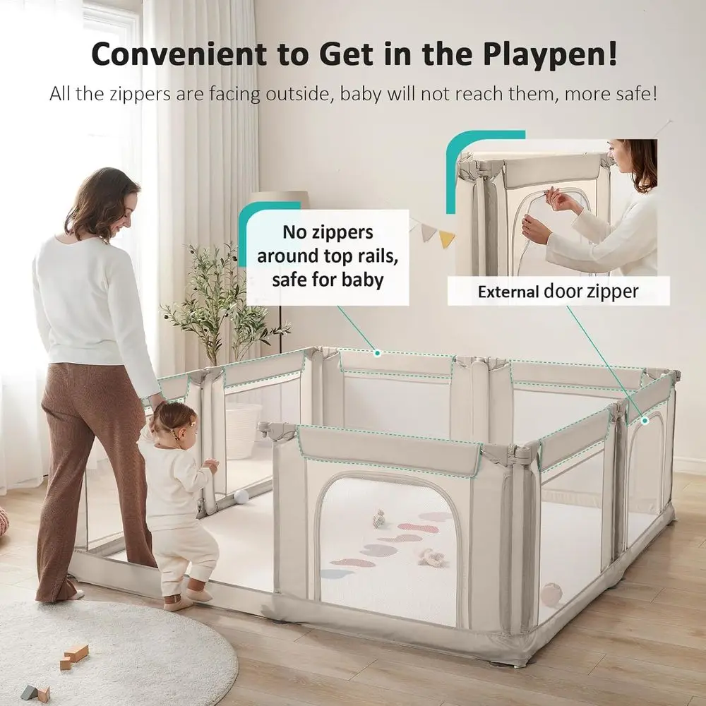 روضة أطفال كبيرة قابلة للتعديل للرضع والأطفال الصغار، مركز لعب داخلي/خارجي قابل للطي مع شبكة قابلة للتنفس، كريمي، 79 × 71 بوصة