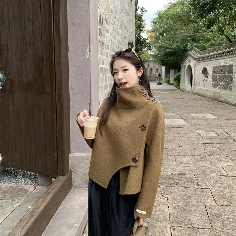 

Korea High-Collar Irregular Woolen Coat Autumn Winter New Women Retro Stand-Up Collar Short Versatile Temperament Thickened Coat