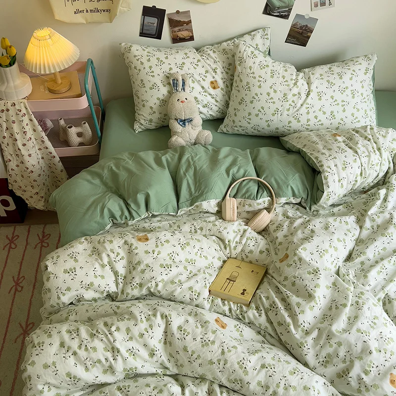 Korean Retro Floral Bedding Set 100% Washed Cotton Bed Sheets Set Soft Duvet Cover Bed Linen Pillowcase Single Double Queen King