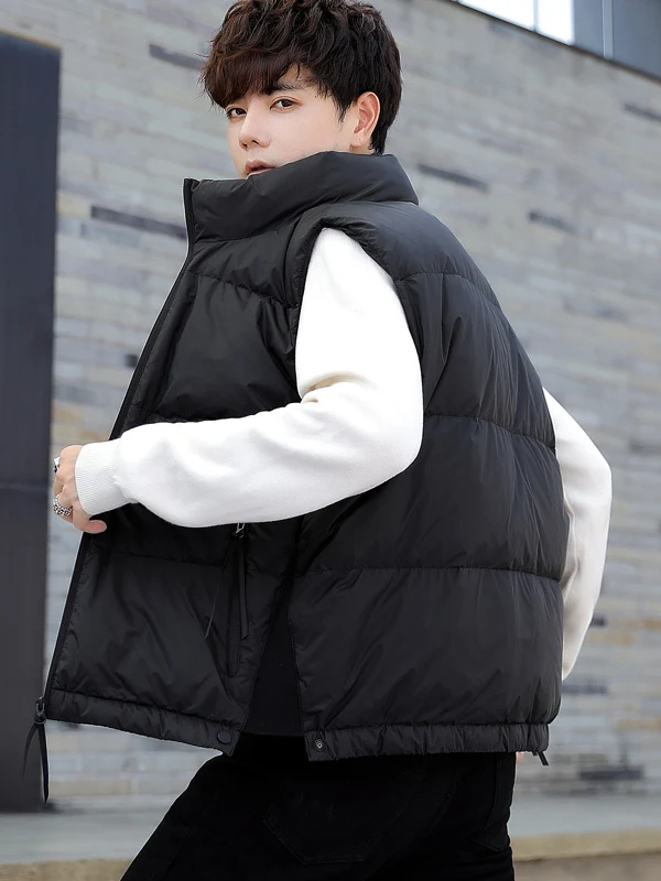 

Ins Luxury ort Quilted Jaet Men's Casual Japanese Sle Bread Coat Warm Outerwear Vest Stand Collar No Hat Zipper Closure