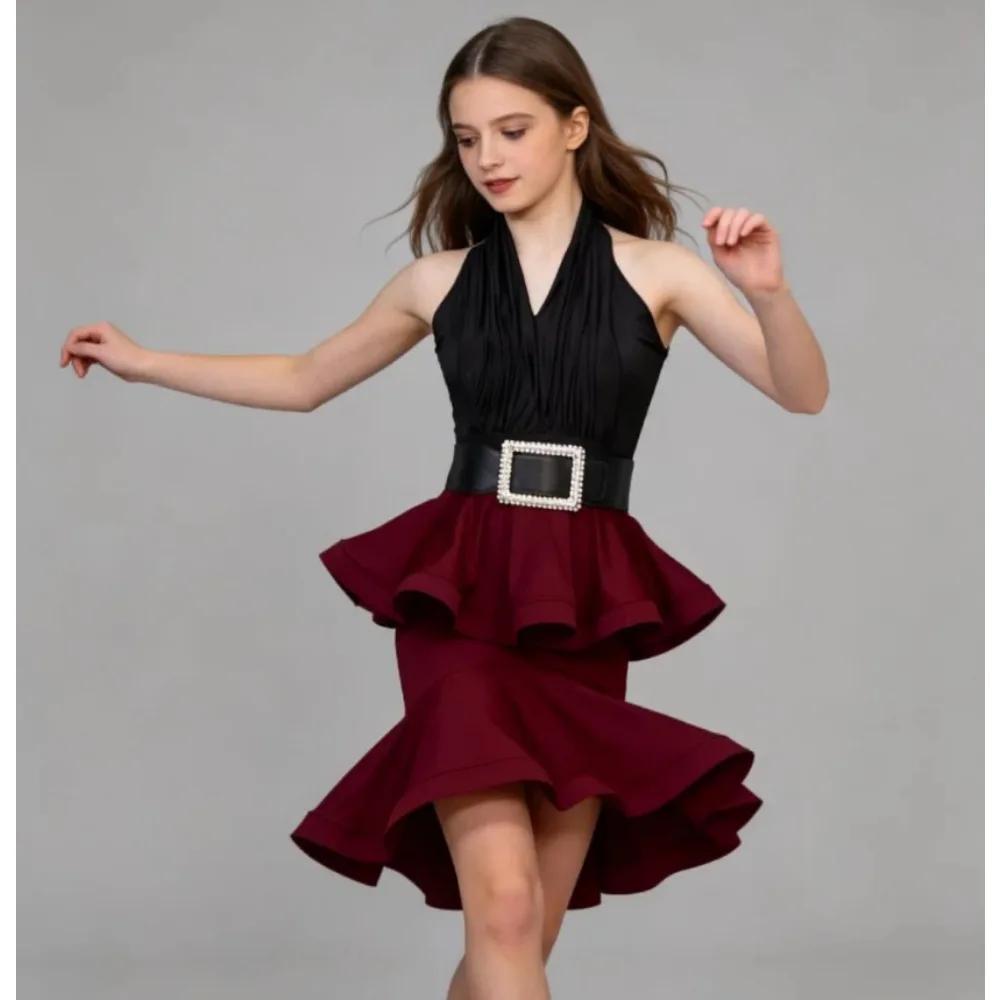 Adult Women Latin Dance Competition Dress Professional Double Layer Fishbone Skirt Salsa Ballroom Stage Performance Costume