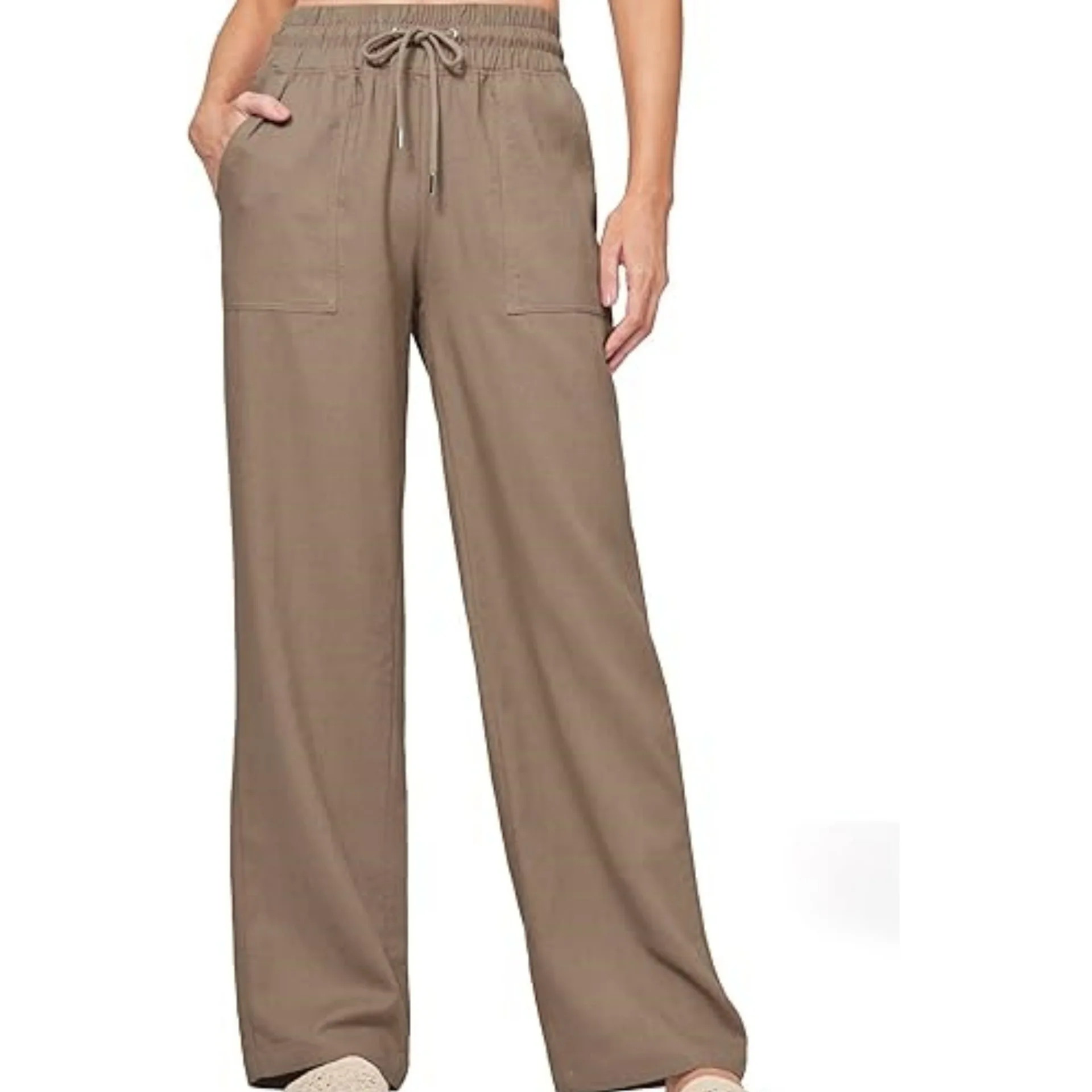 Casual Wide Leg Pants Women's Linen Beach Summer Trousers with Pockets High Waist Straight Cut Minimalist Style Fashionable