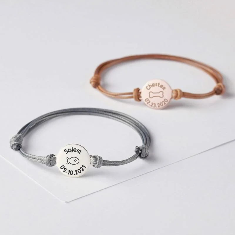 Bracciale personalizzato per donna Corda personalizzata Regolabile intagliato Nome dell'animale domestico Bracciale da uomo Gioielli Gatto Cane Regalo per la perdita di animali domestici pulsera mujer