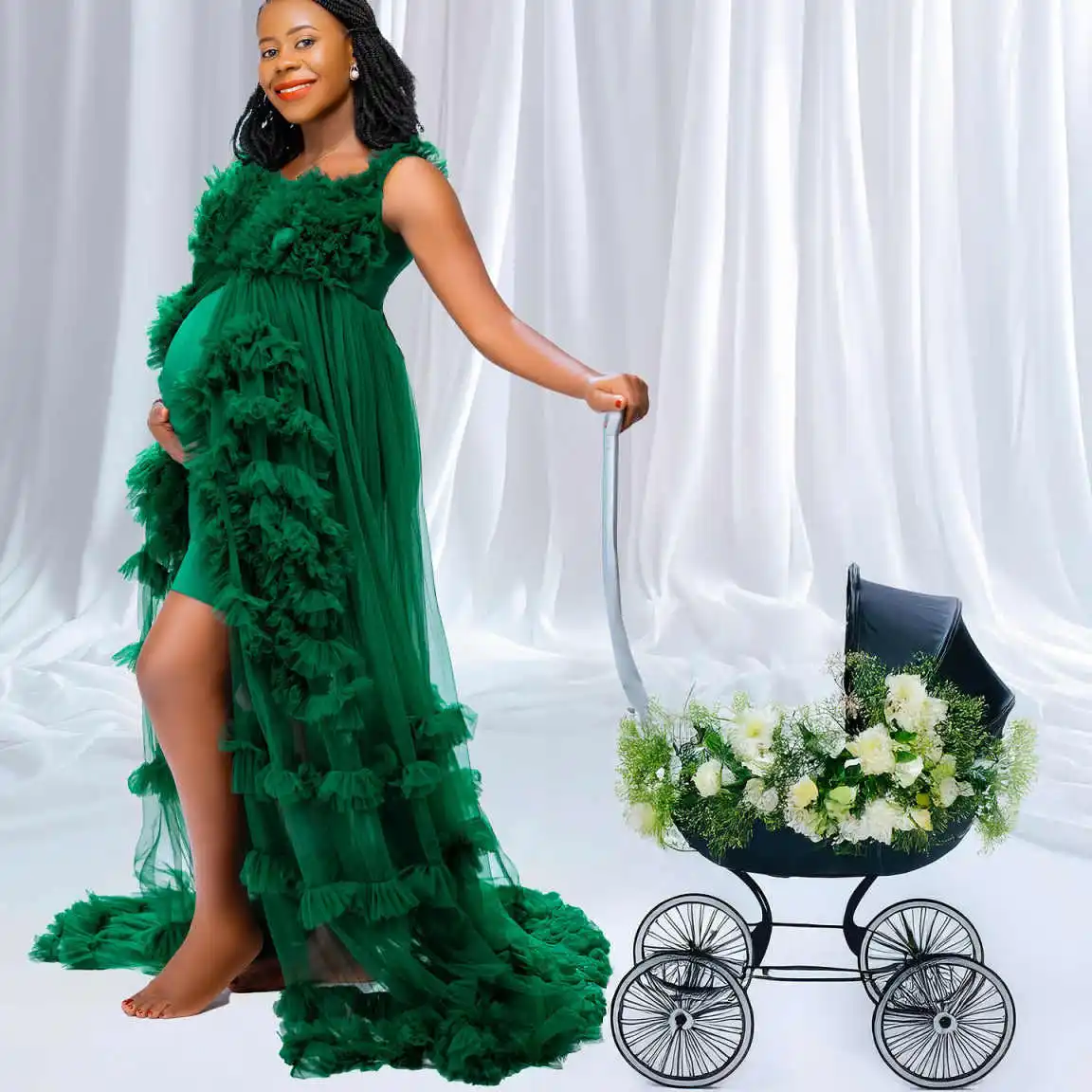 Puffy Tulle Robe Maternity Prom Dress Photoshoot Ruffled Tiered Gowns Front Split Pregnant Women Customized Dress Plus Size