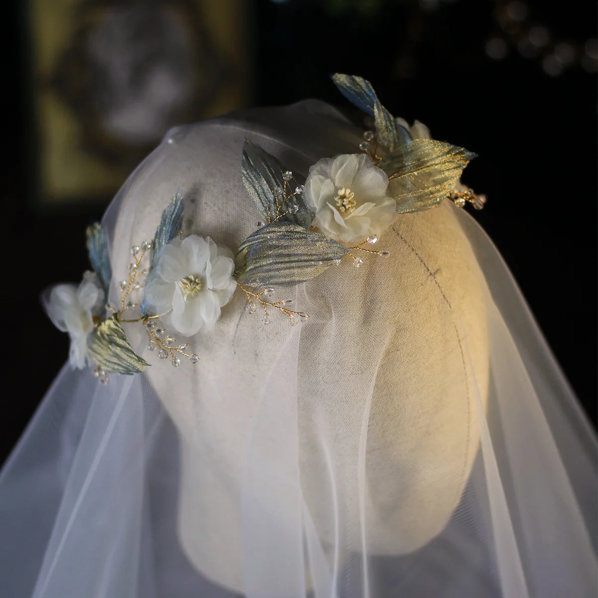 Symphony Green Leaf Bridal Cabelo Acessórios, White Forest Sweet Flower Casamento Headband