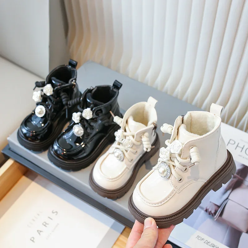 

Fashion Kids Leather Boots 2025 Autumn Winter Girls Floral Decor Short Boots Boys Warm Cotton Lined Boots British Style