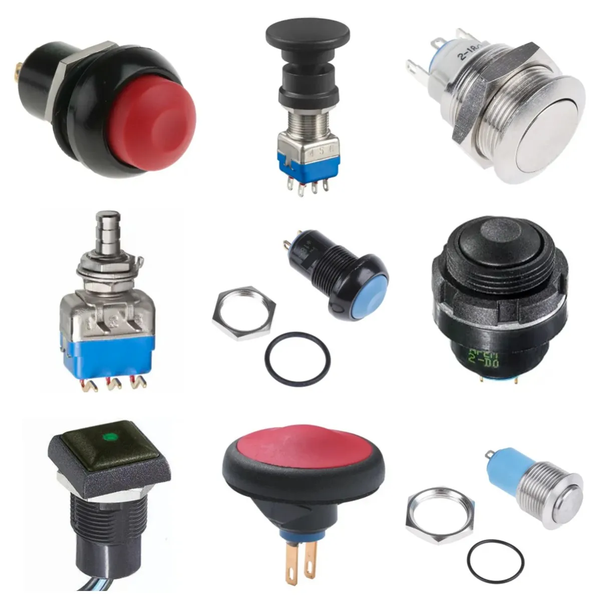 Luminous push button switch, instantaneous 19.2mm open hole SPST red LED IP65