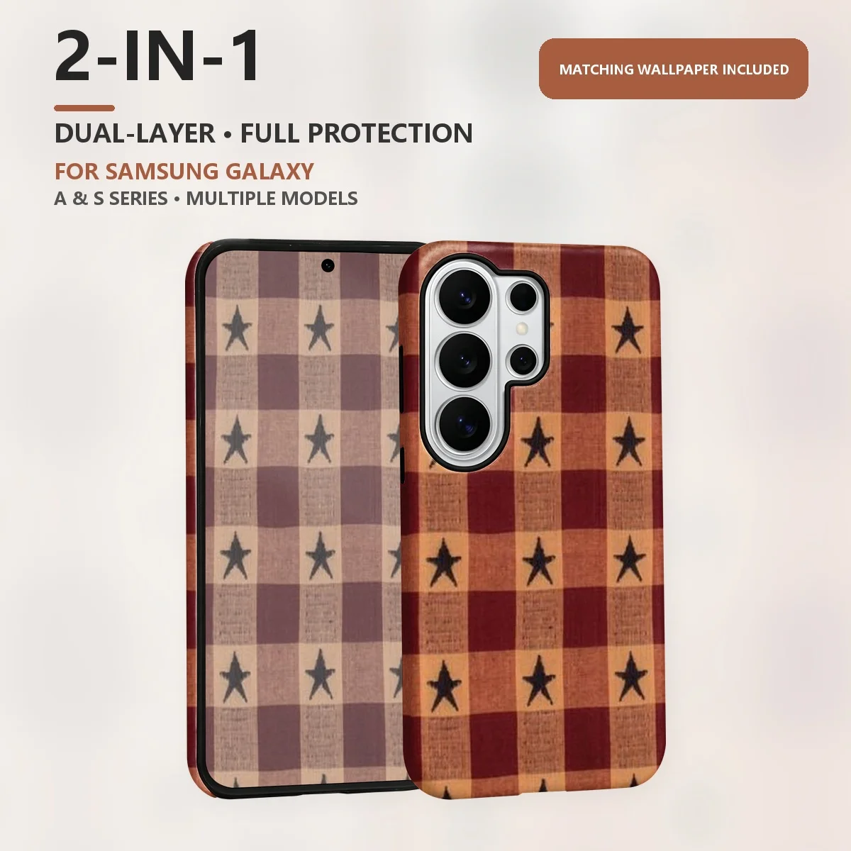 Red Buffalo Plaid Stars 2-in-1 Dual-Layer Phone Case for Samsung Galaxy S26 S25 S24 Plus Ultra FE S20 FE A56 A17 A16 A15