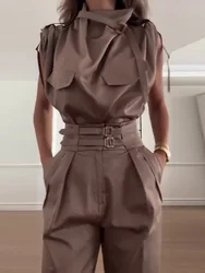 Summer Women Turtleneck Patchwork Outfit, Pullover Top Cargo Pants Chic Matching Sets, 2025 Pocket Fashion Simple Ladies Suits