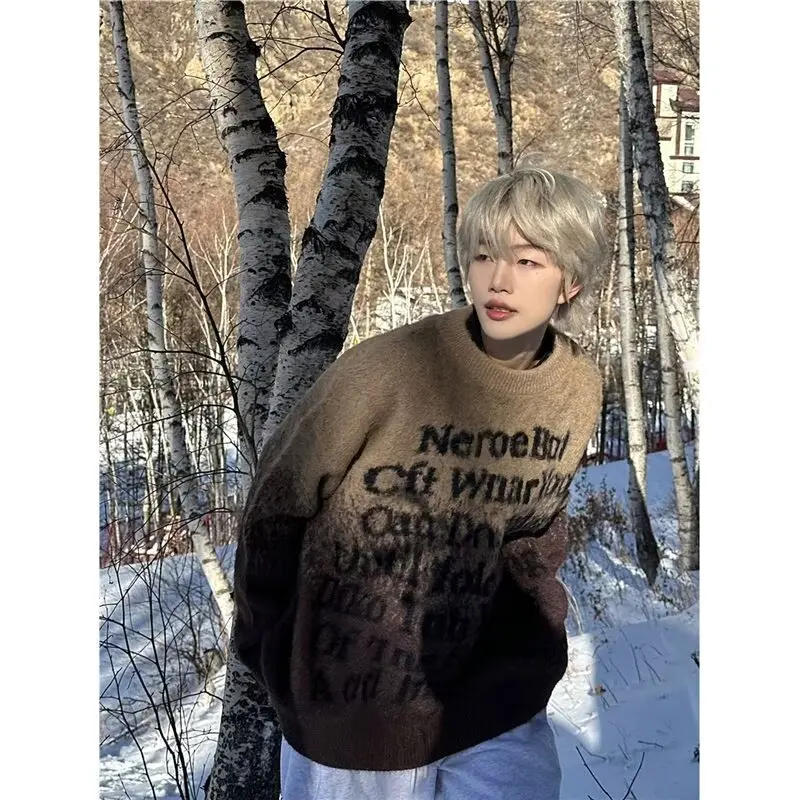 

Мужской свитер свободного кроя с круглым вырезом, модный, с контрастными вставками из искусственного меха, в гонконгском стиле, зимний базовый слой