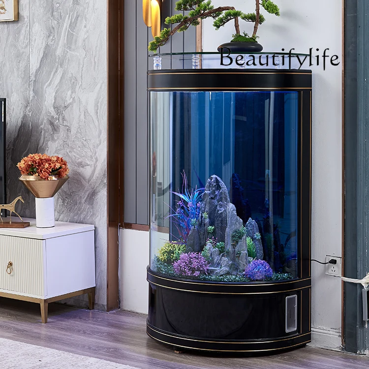 

Light luxury fish tank living room small household TV cabinet next to semi-circular floor-to-ceiling glass aquarium ecology
