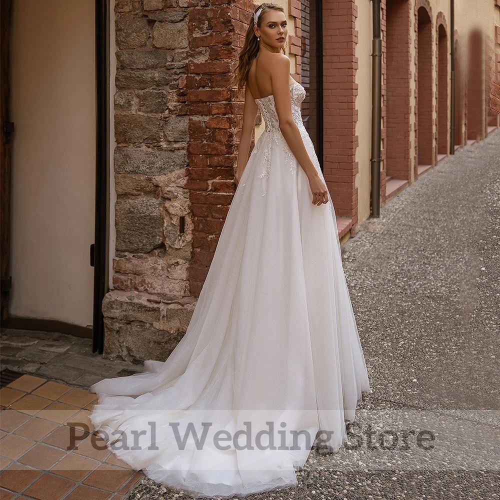 Classic Strapless Sweetheart Trouwjurk Applique A-lijn Mouwloos Sexy High Side Slit Floor Lengte Bridal Backless Jurken