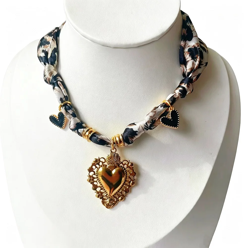 Women’s Fashion Scarf Necklace with Large Stainless Steel Heart Pendant Stackable Bandana Jewelry