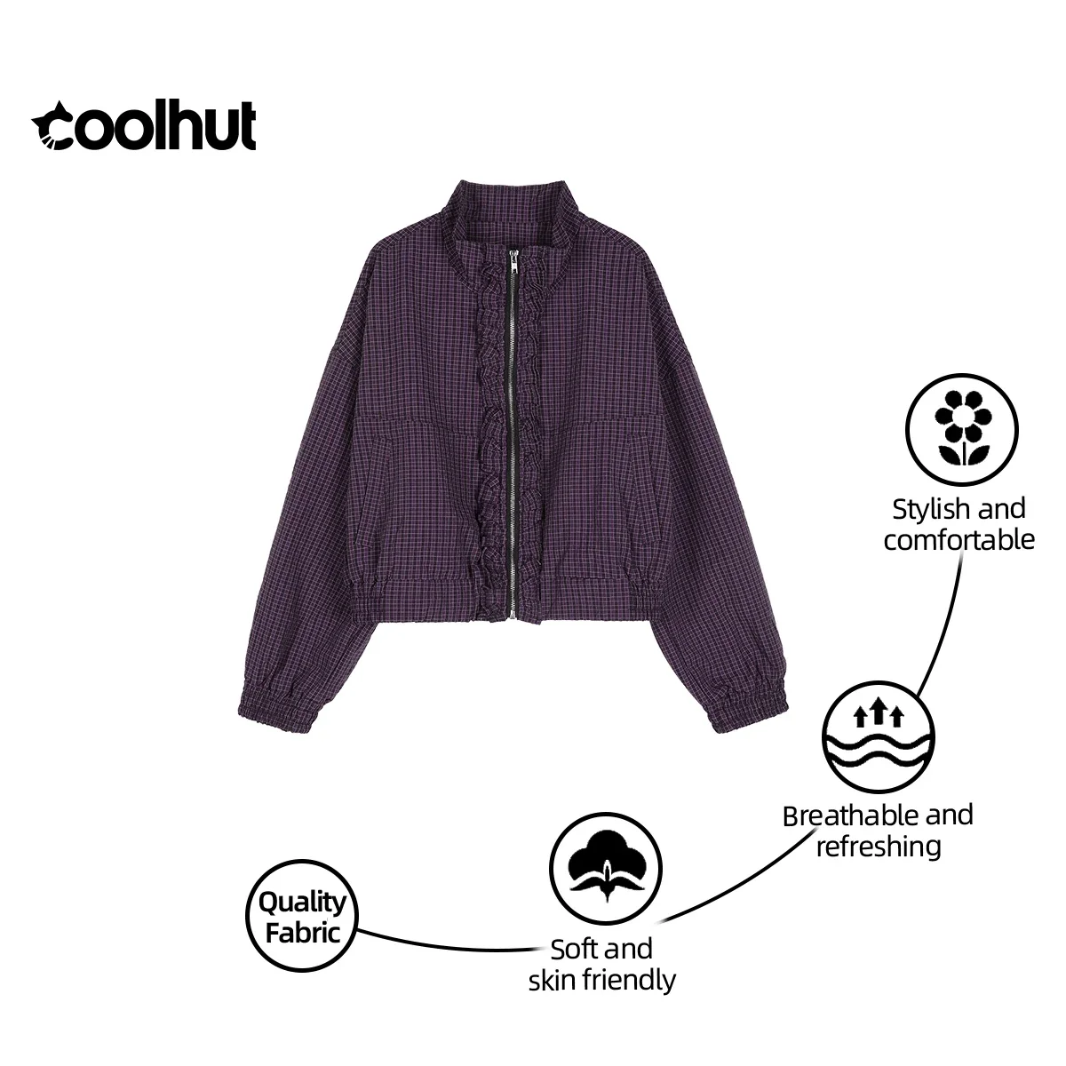 

COOLHUT, новый дизайн, женская куртка в клетку с пышными рукавами 2025 года, винтажный кружевной кардиган на молнии, повседневная шикарная универсальная осенняя верхняя одежда