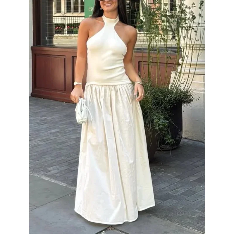 

Elegant Backless Midi Dress for Women Casual Knitted Tight Top Stitching Pleated Long Skirt Sexy Summer Party Dinner Date