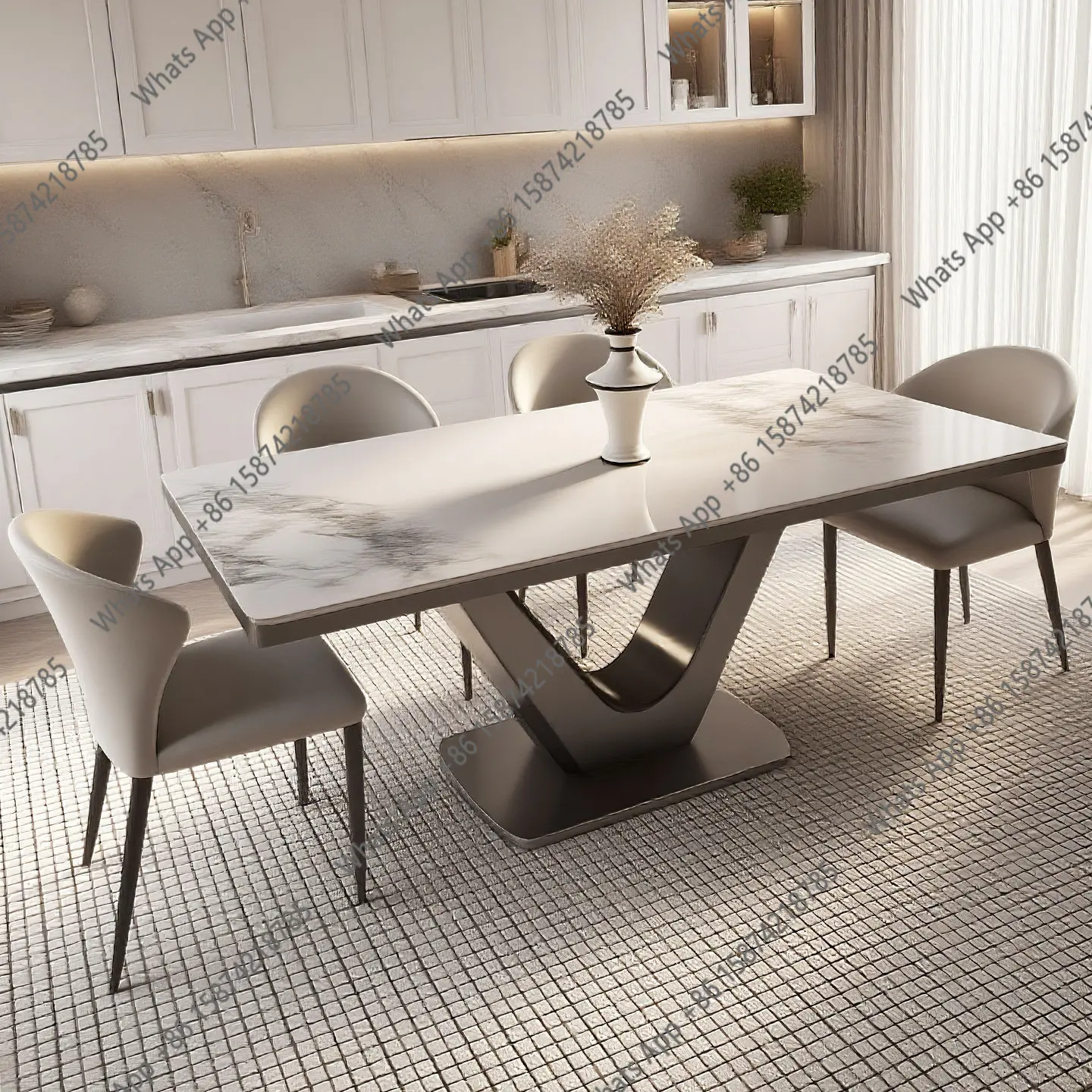 

Marble slate stainless steel dining table light luxury modern simple rectangular designer style high sense