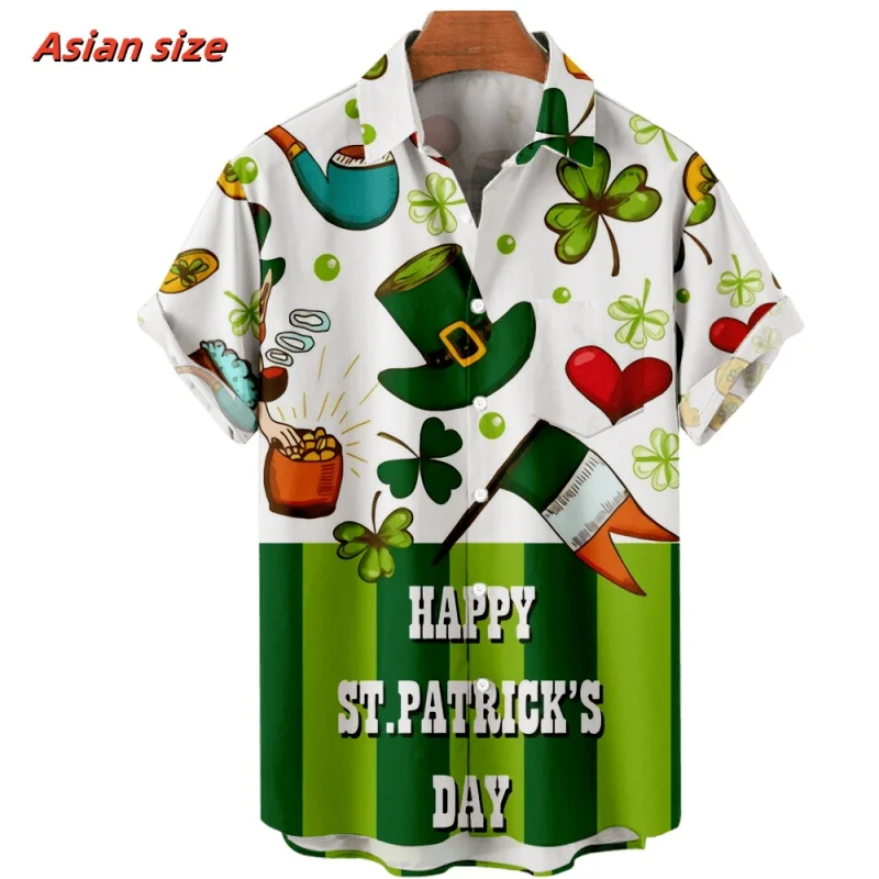 Clover Green Hat Pattern Hawaiian Shirt For Men St. Patrick's Day 3D Printed Short Sleeves Casual Lapel Aloha Shirts Blouses