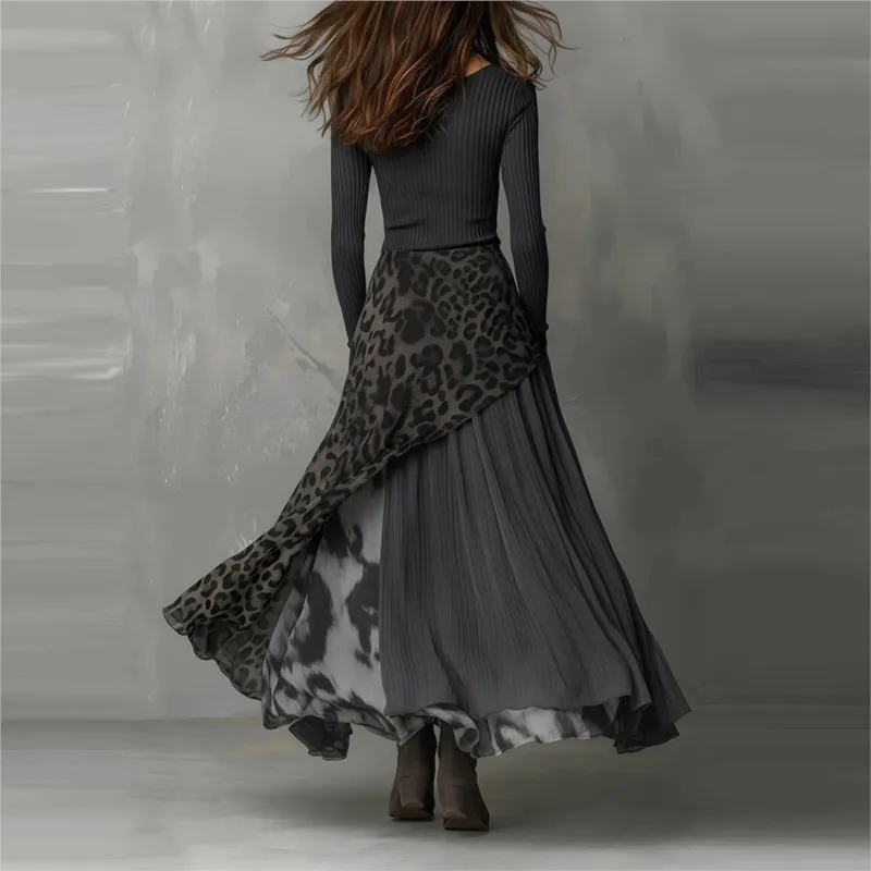 Fashion Splicing Leopard Print Long Dress Women's Elegant High Waisted Party Dresses Spring Autumn Long Sleeve Ruffle Maxi Dress