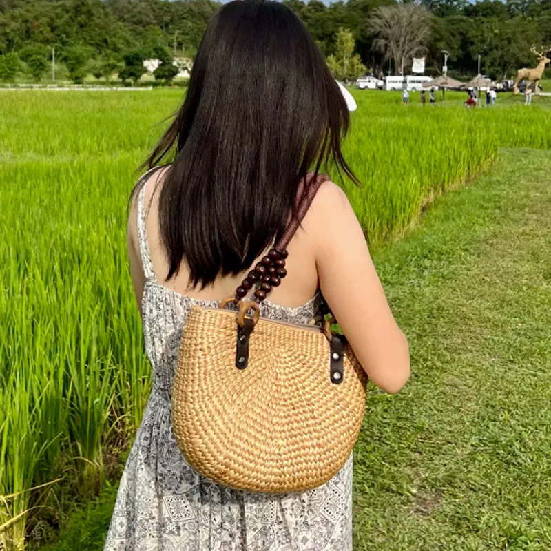 2024 New Handmade Grass Woven Women Bag with Wooden Bead Handle Half Round Beach Style Tote Bag Women Handbag