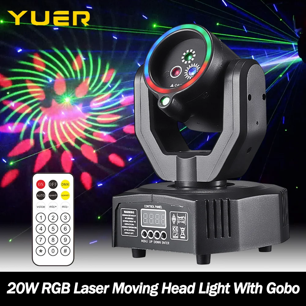 

20 Вт RGB лазерный движущийся головной светильник с кольцевым пультом дистанционного управления Гобо DMX512 для DJ, дискотеки, вечеринки, свадьбы, бара, клуба