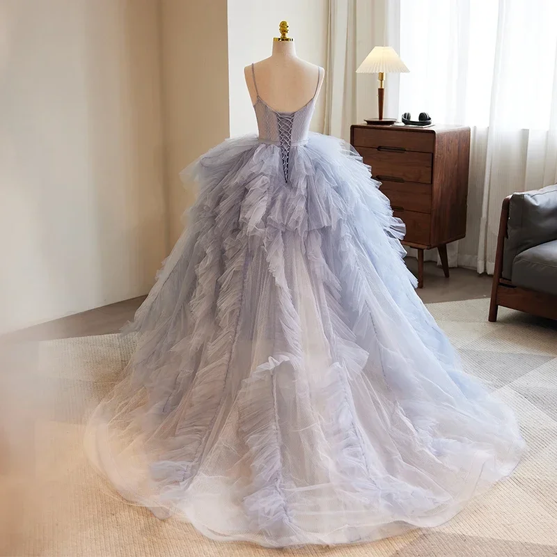 Customized Luxury Grey Blue Evening Dress for Women Sweetheart A-line Sweep Train Romantic Party Ball Gowns Vestidos De Noche