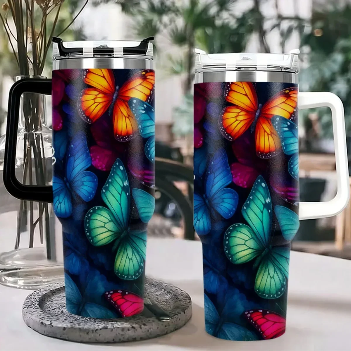 1pc Personalized Tumbler With Handle Lid Straw, Custom Name Colorful Butterfly Print Stainless Steel Insulated Travel Mug, **Only Black & White Handle Available, Pink Handle Not Included**, Reusable Hot Cold Beverage Cup For Car Office Women Gift
