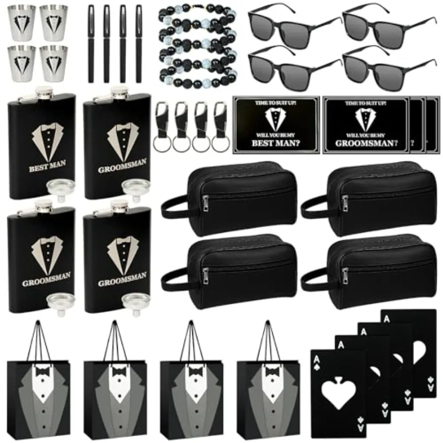 

Набор из 4 подарков для шаферов - подарочные коробки для шаферов с кожаной сумкой, фляжкой для смокинга, воронкой, рюмкой, игральной картой, открывалкой для бутылок