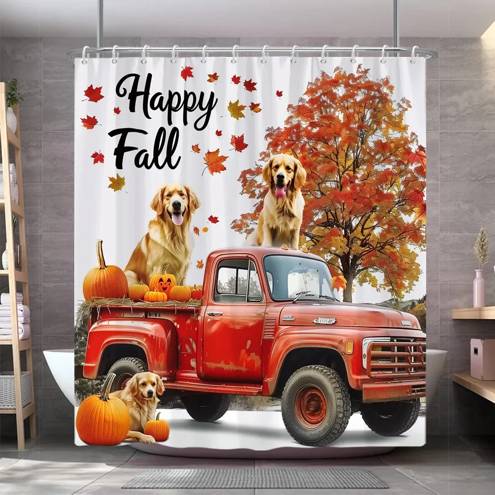 Autumn Farm Animal Shower Curtain Pumpkin Rustic Planks Yellow Maple Thanksgiving Polyester Fabric Shower Curtain Bathroom Decor