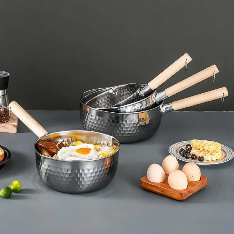 【S】Stainless Steel Soup Pot Snow Pot Flat Bottom Non-Stick Wok Solid Wood Handle With Hook Stew Pot Milk Pot Kitchen Cookware