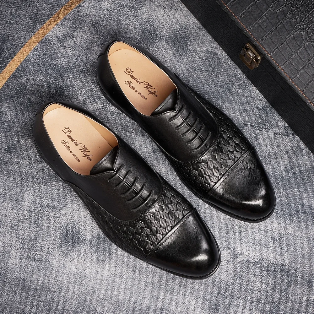 Classic Genuine Leather Men's Oxford Shoes Handmade Pointed Toe Checkered Lace-Up Formal Business Dress Shoes for Wedding Party