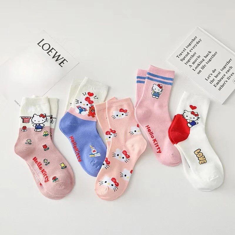 Kawaii Hello Kitty Socks Children's Girls Sanrio KT Cat Middle Tube Socks Calf Sock Student Socks