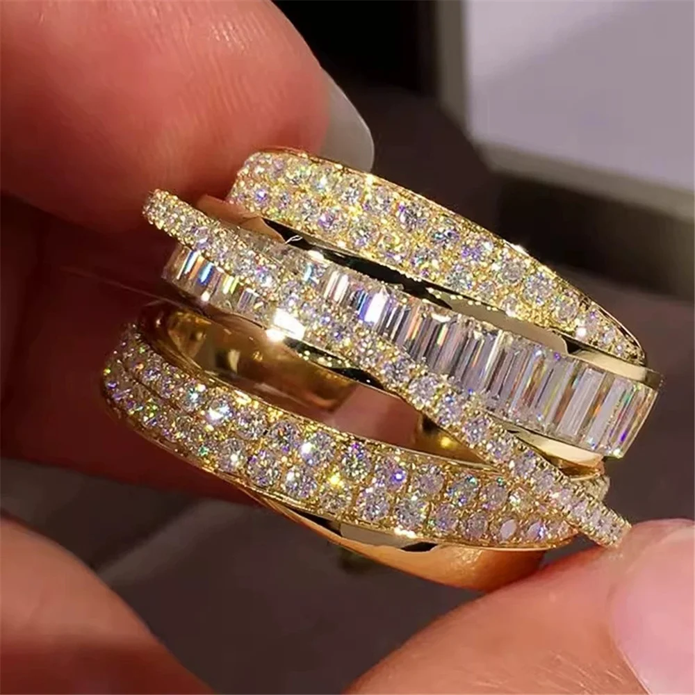 Female Cute White Zircon Stone Gold Color Wedding Rings Promise Open Adjustable Engagement Jewelry For Women