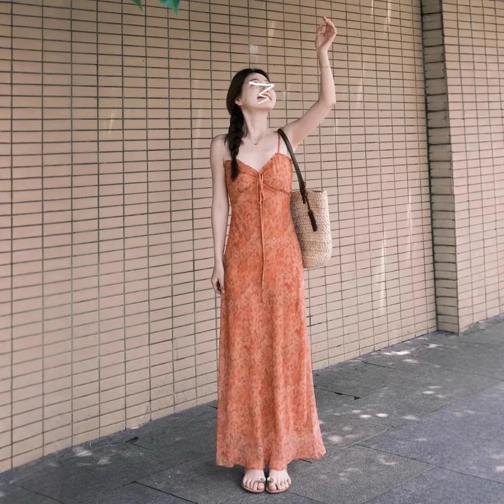 

2026 Summer New Seaside Resort Casual Strap Dress Women's French Flower Printed Women's Slim Dress
