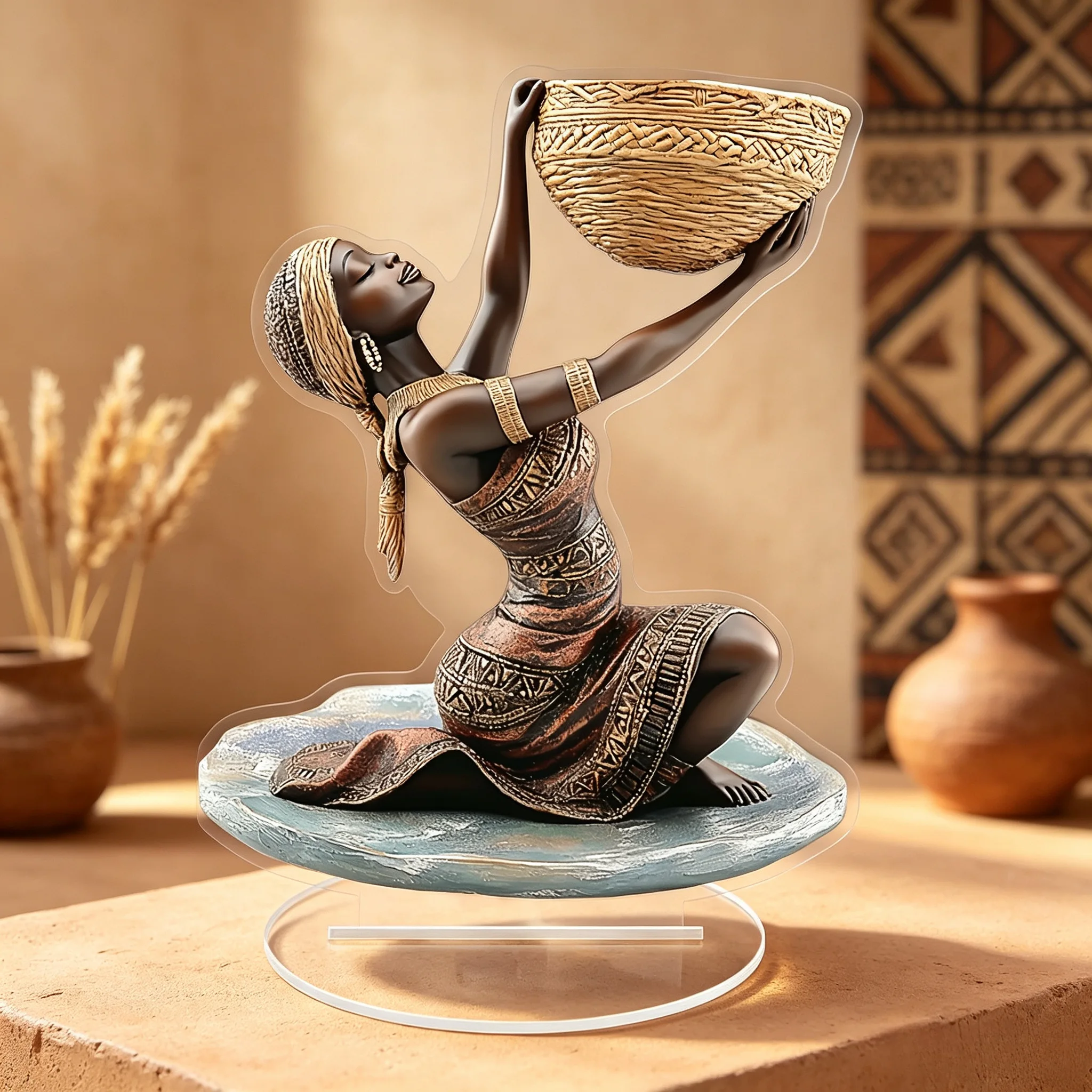 African Tribal Woman Holding Woven Basket Acrylic Table Ornament, 2D Flat Not 3D Kneeling Ethnic Lady In Traditional Pattern