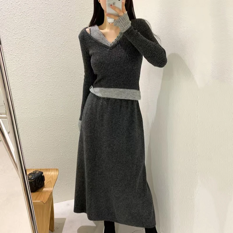 Spring Casual Knitted Two Piece Set Women V Neck Fake Two Long Sleeved Sweaters+High Waist Loose Mid Skirt Autumn Female Outfit