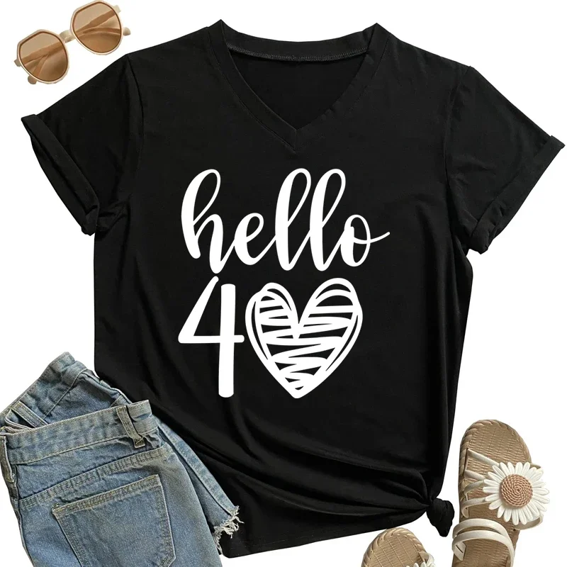 Hello 40th Birthday Tshirt Women V Neck T Shirts Fashion Lettter Love Graphic Print Shirt Vintage Birthday Short Sleeve Tee Top