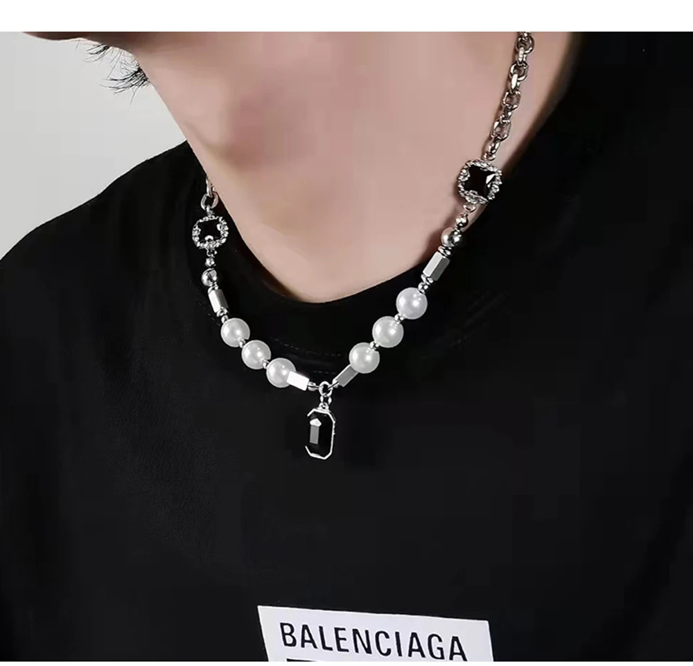 Hip-hop Black Rhinestones Pendant Pearl Necklace Men Steel Necklace Mens Jewellery Man Necklac Free Shipping