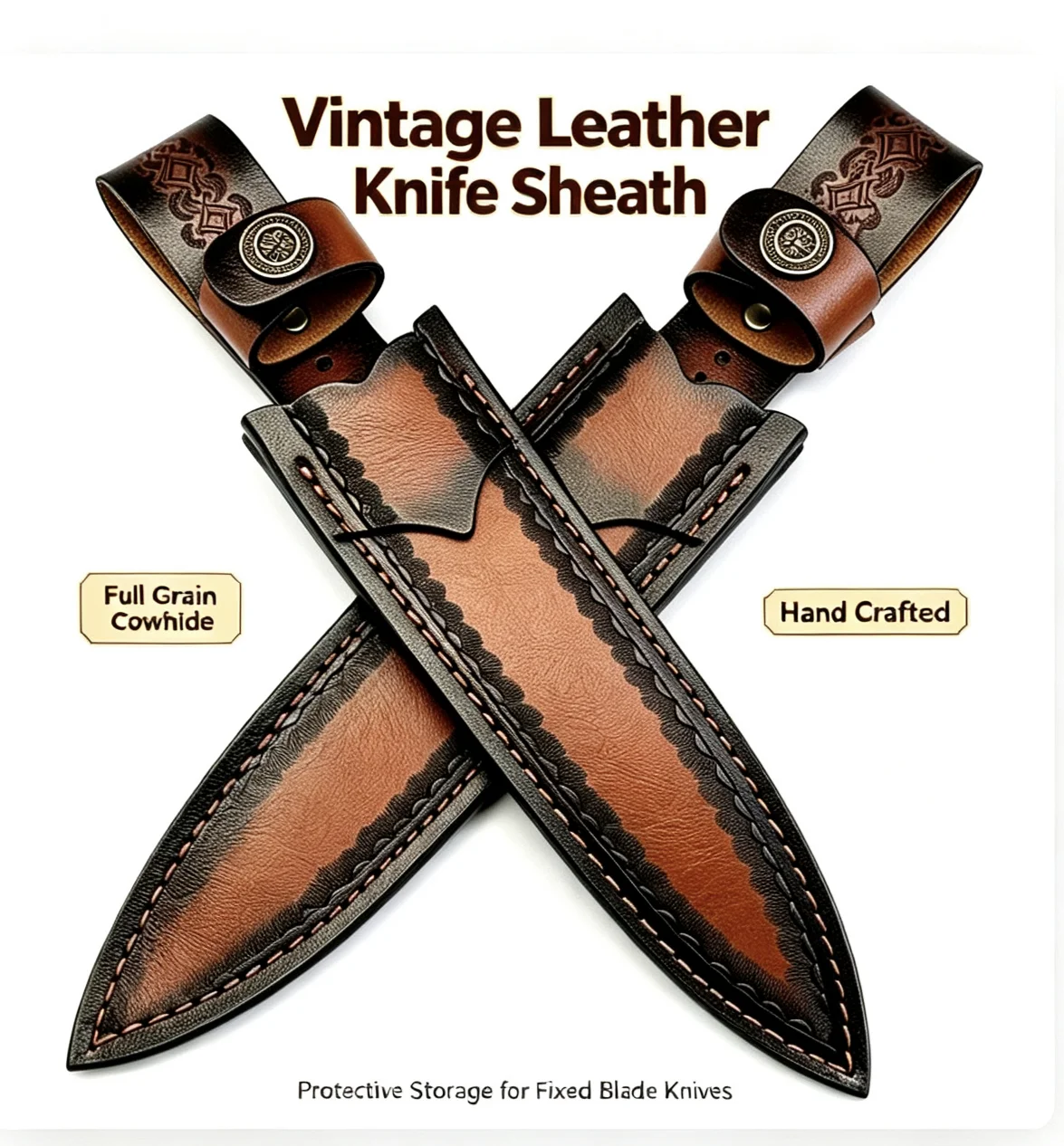 Genuine Top Layer Cowhide Knife Sheath Retro Embossed Leather Fixed Blade Knife Holster Belt Loop Carry Scabbard Leather Cover
