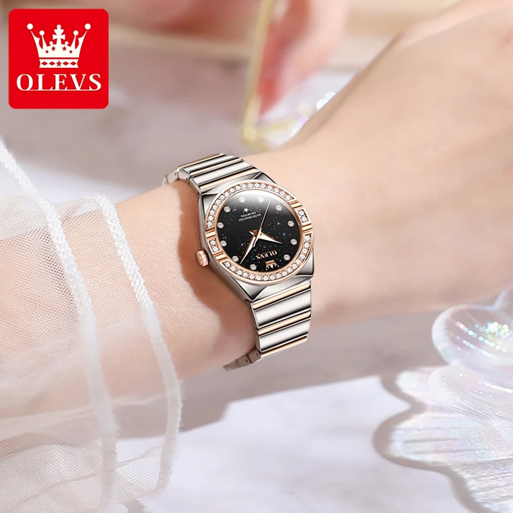 OLEVS orologio al quarzo per donna Luxury Stainless Steel Starry Sky Diamond Dial Waterproof Luminous Ladies Wristwatches Gift Box Set