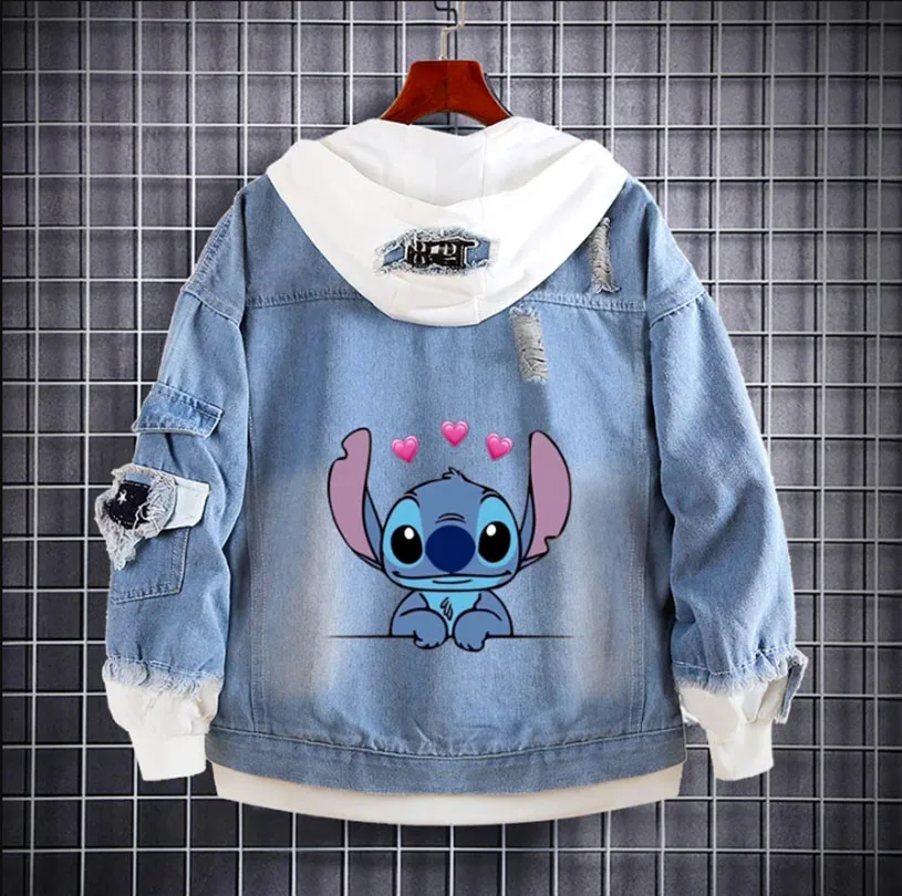 سترة Lilo Stitch من قماش الدنيم للأولاد سترة بقلنسوة برسوم كارتونية للرجال الهيب هوب Harajuku ملابس الشارع للبالغين والأطفال معطف جينز غير رسمي