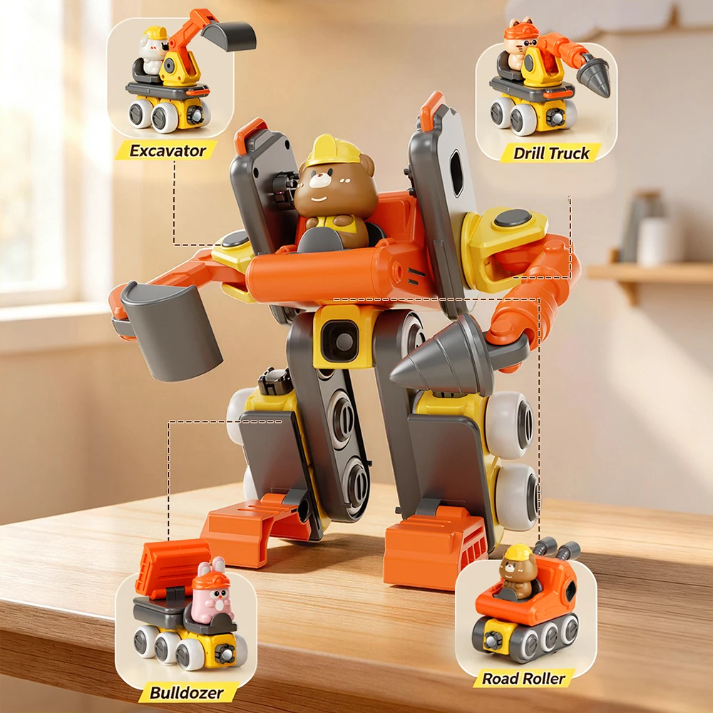 Magnetic 4In1 Construction Truck Toys Multi-Function Excavator Dump Truck Transform Robot Set Boys Educational Gifts