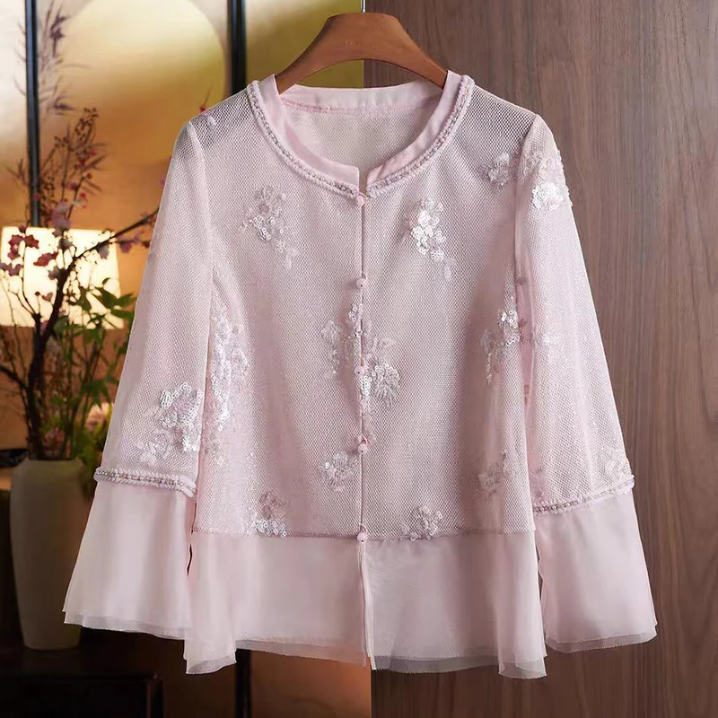 

2025Summer New Chinese Style O- Neck Silk Splicing silk Organza Embroidery+Beaded Seven Quarter Sleeve Coat Women S-L