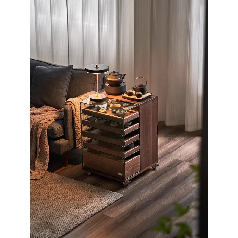 

High-end Luxury Solid Wood Tea Table Water Cabinet Movable Sofa Side Cabinet Living Room Black Walnut Display Cabinet Tea Table