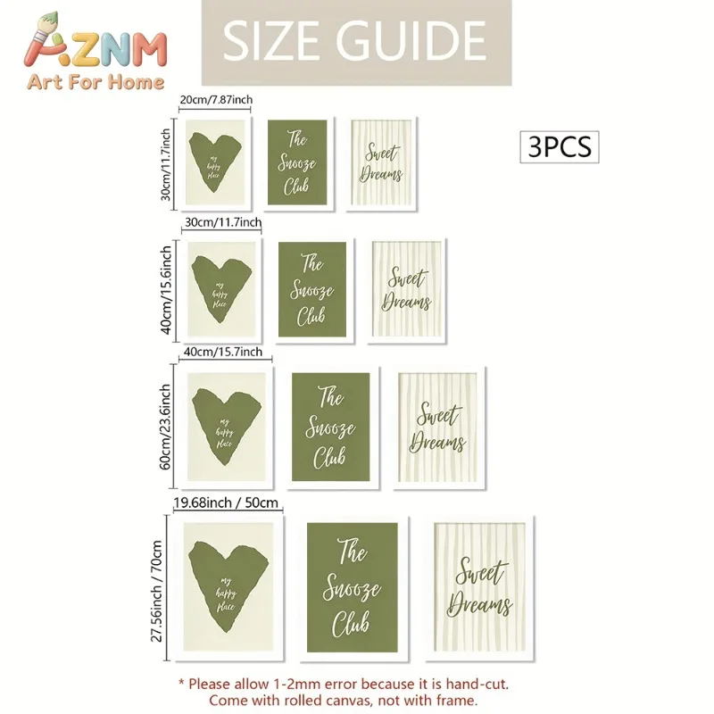 Unframed 3PCS Sage Green Heart Sweet Dreams Canvas Wall Art The Snooze Club Text Print Poster Neutral Home Bedroom Decor Canvas