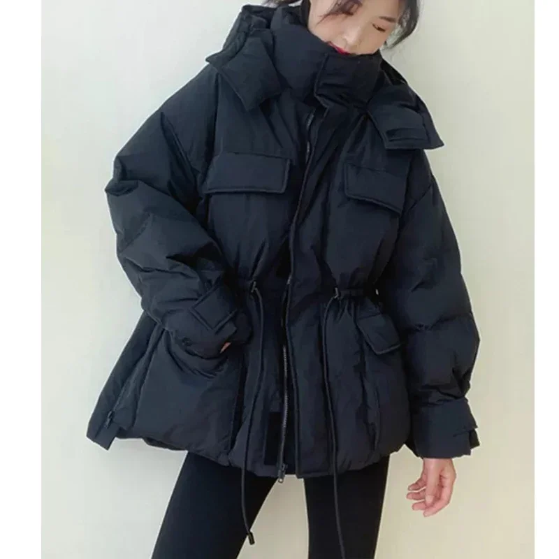 New Winter Hooded Parkas Warm Jacket Women\'s Down Cotton Coat Irregular Fluffy Bubble Drawstring Waist Loose Coat Cotton Coat