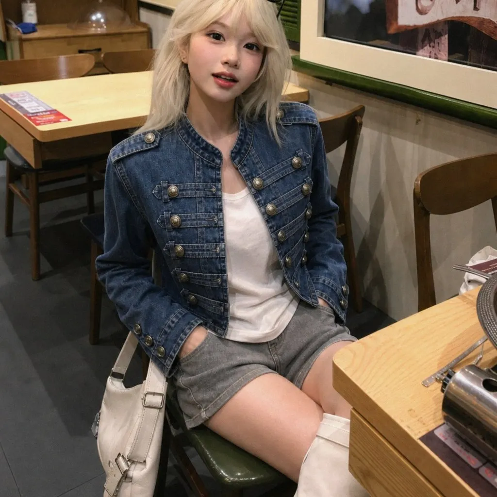 Spicy Short Denim Jacket Women's Spring Autumn Heavyweight Court Style Padded Shoulder Stand Collar Slimming Double Button Ja...