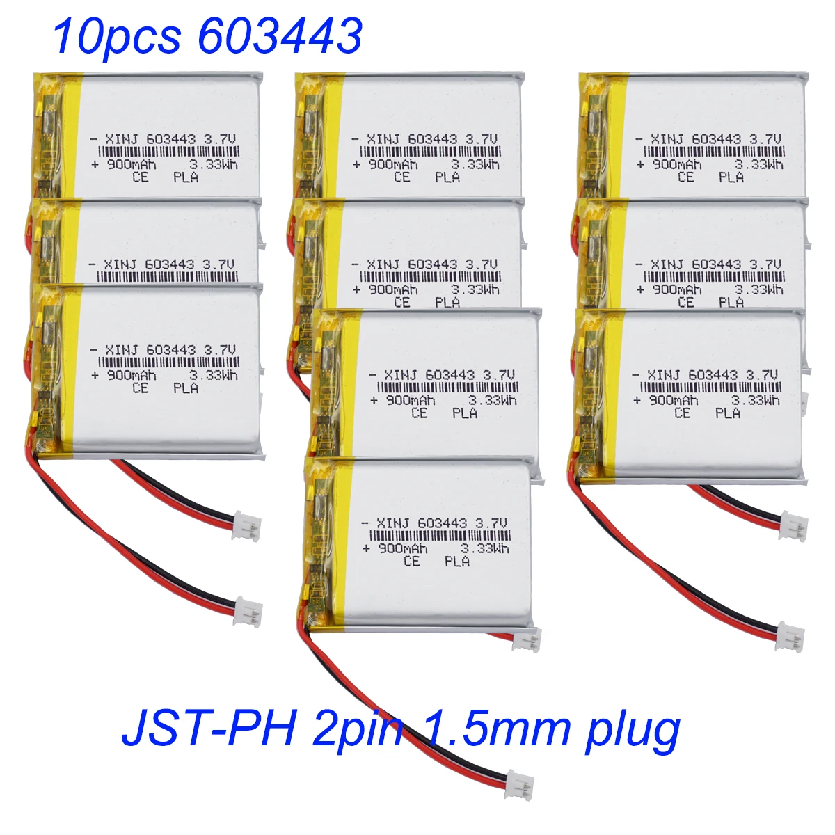 10pcs 3.7V 900 mAh 603443 With JST-XH 1.5mm Connector Polymer Rechgerable Li Lithium Battery For Camera E-Book Phone Tablet PC